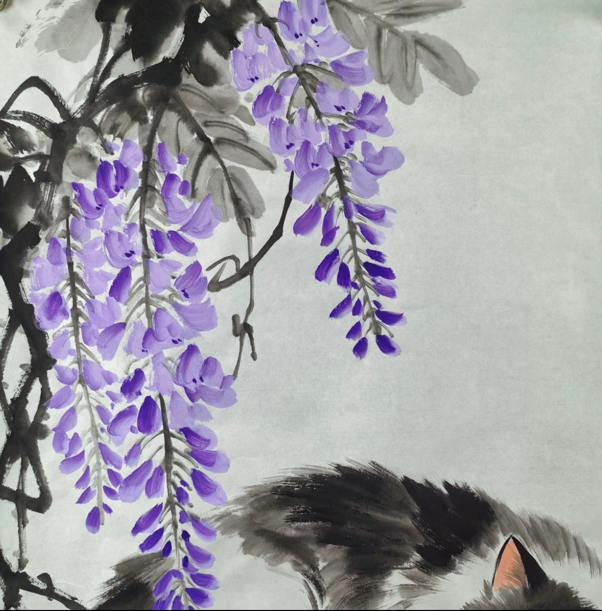 Blue-Eyed Cat Under Wisteria — Hand-Painted Ink Painting