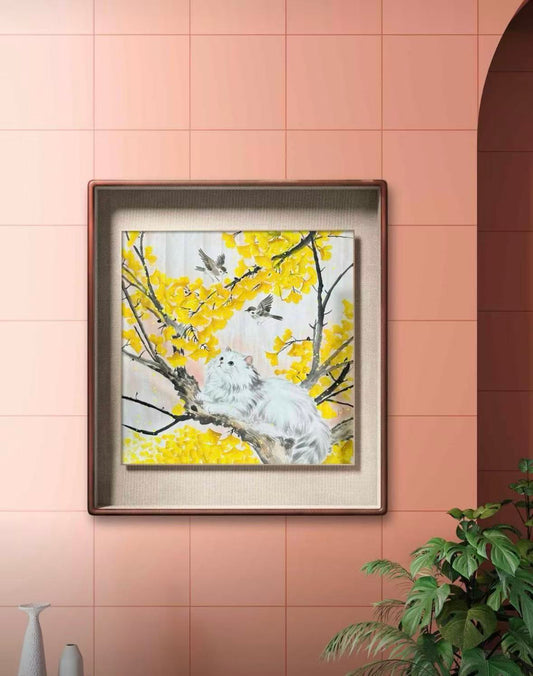 White Persian Cat Under Golden Ginkgo — Hand-Painted Ink Painting