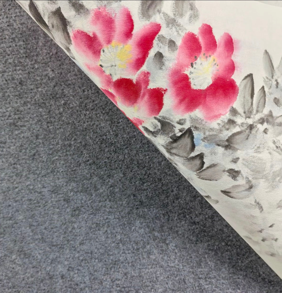 Two Birds Among Pink Blossoms — Hand-Painted Ink Painting