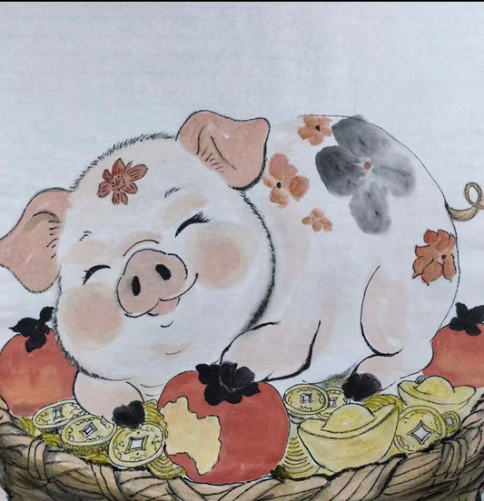 Hand-Painted Ink Pig Artwork on Xuan Paper – Prosperity Pig, 46 x 48 cm