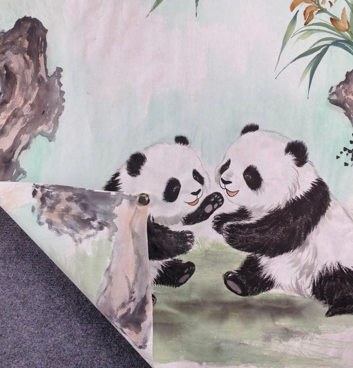 Two Pandas Among Orchids — Hand-Painted Ink Painting