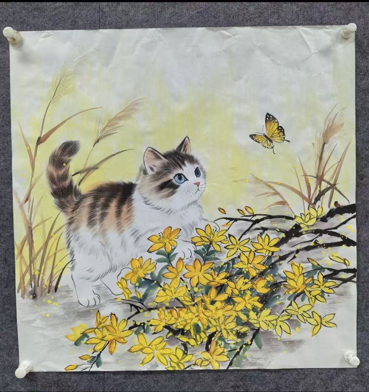 Spring Tabby Cat Among Yellow Blossoms — Hand-Painted Ink Painting