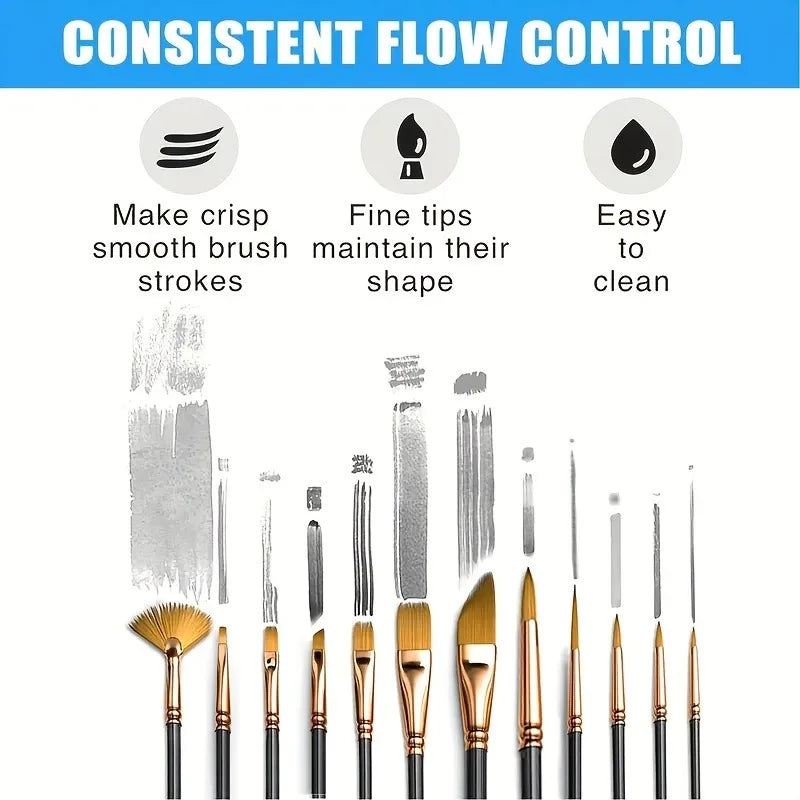 Nylon Flat Brush Set — 12 Pieces | Watercolor & Acrylic