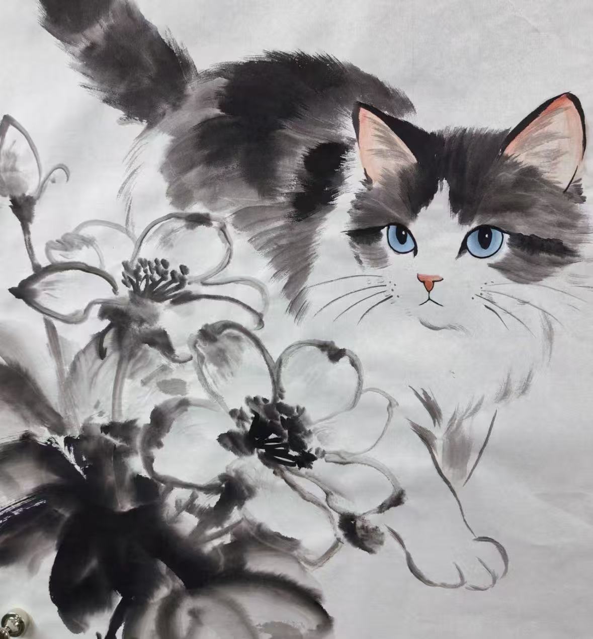 Blue-Eyed Cat Among Lotus Blossoms — Hand-Painted Ink Painting