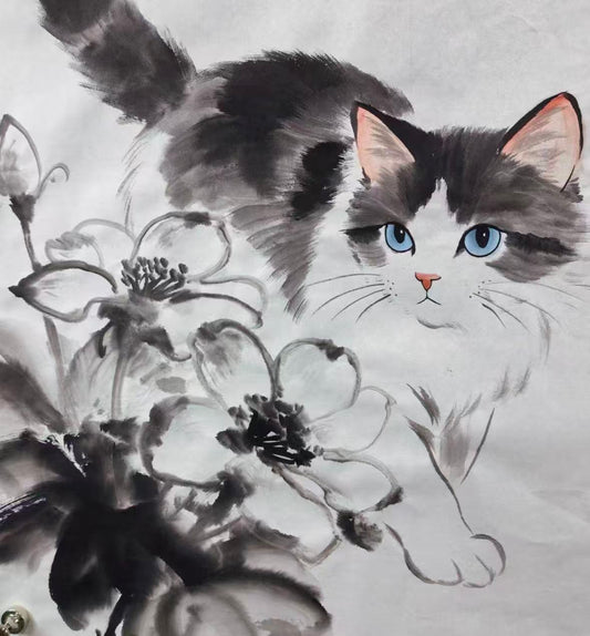 Blue-Eyed Cat Among Lotus Blossoms — Hand-Painted Ink Painting
