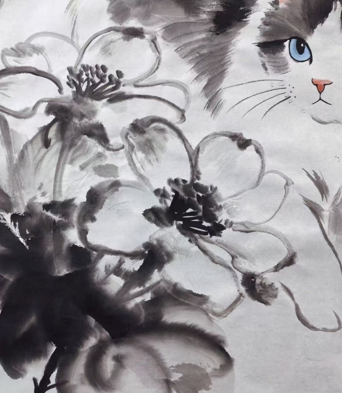Blue-Eyed Cat Among Lotus Blossoms — Hand-Painted Ink Painting