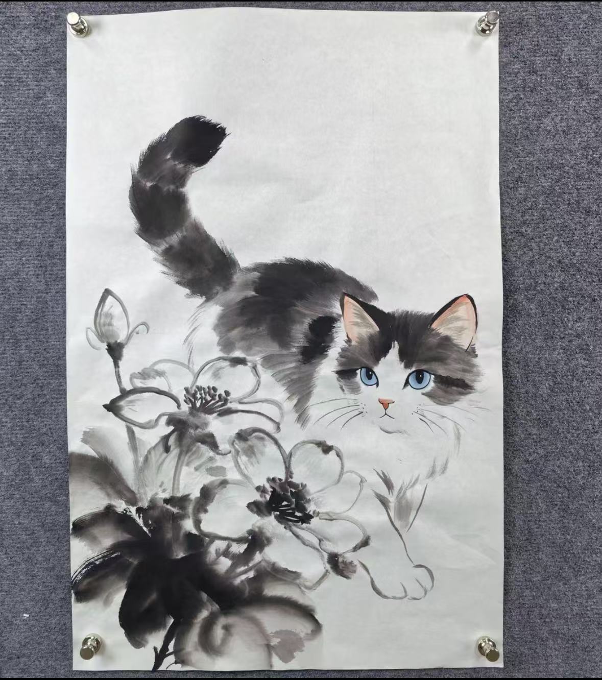 Blue-Eyed Cat Among Lotus Blossoms — Hand-Painted Ink Painting