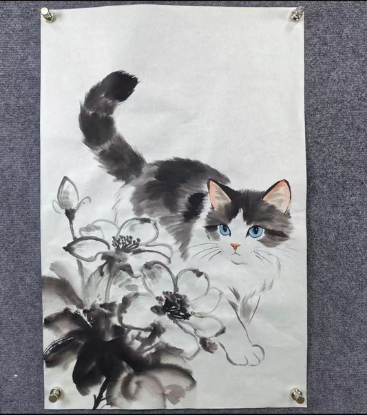 Blue-Eyed Cat Among Lotus Blossoms — Hand-Painted Ink Painting