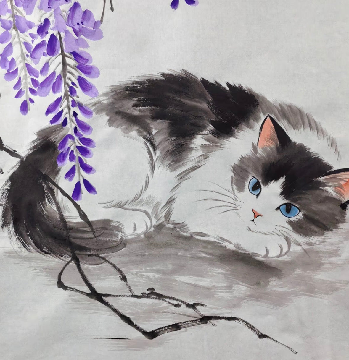 Blue-Eyed Cat Under Wisteria — Hand-Painted Ink Painting