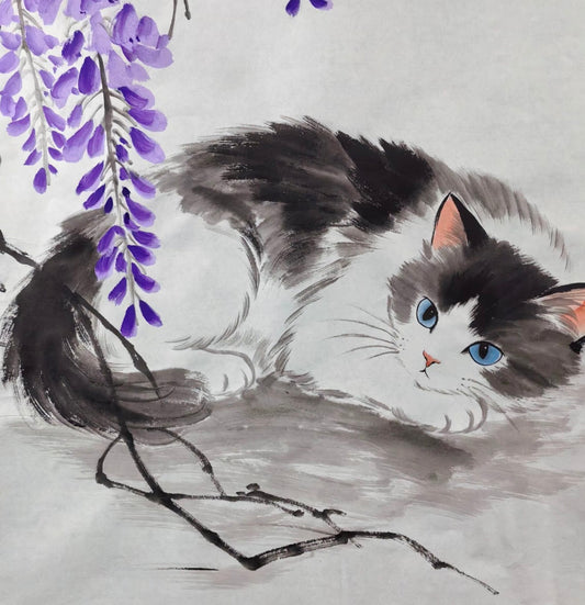 Blue-Eyed Cat Under Wisteria — Hand-Painted Ink Painting
