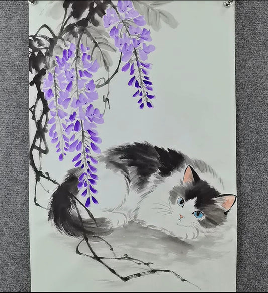 Blue-Eyed Cat Under Wisteria — Hand-Painted Ink Painting