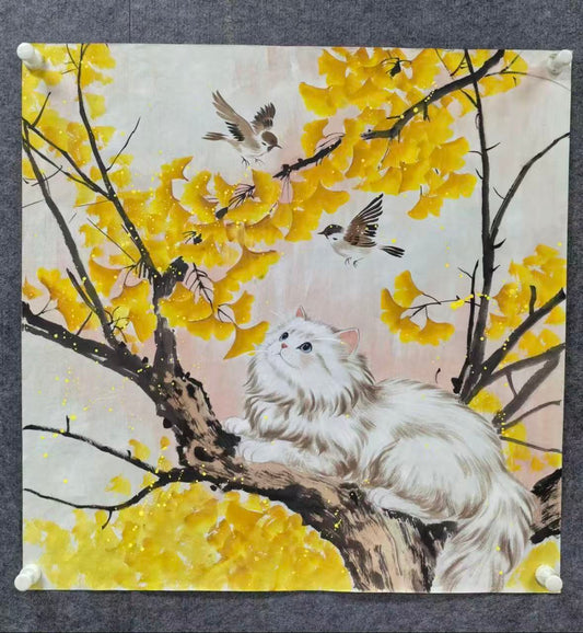 White Persian Cat Under Golden Ginkgo — Hand-Painted Ink Painting