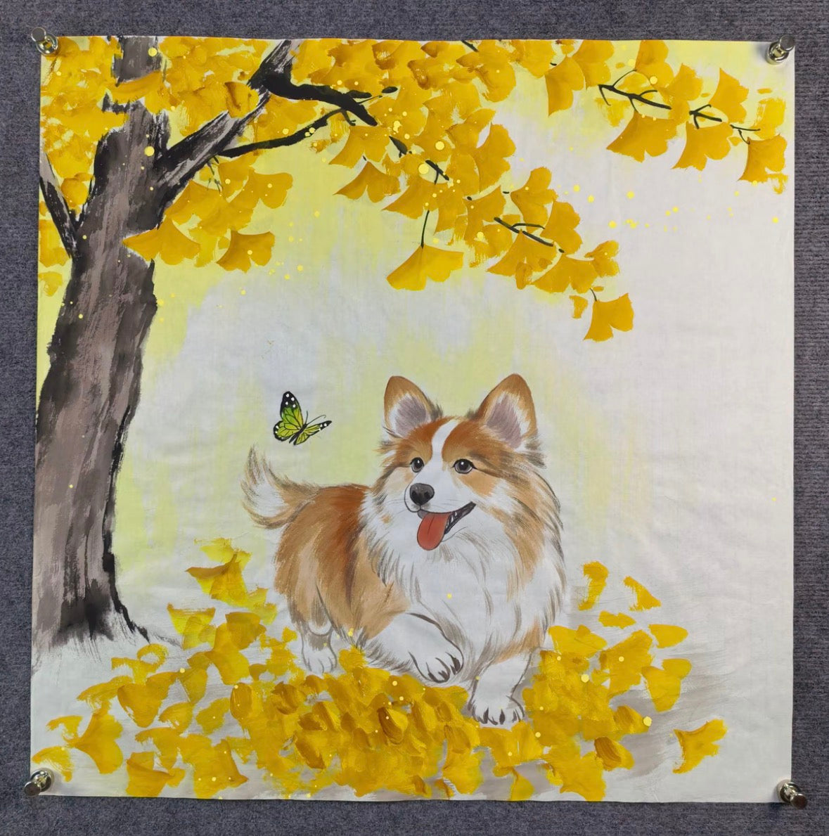 Hand-Painted Brush & Ink Artwork – Autumn Ginkgo Dog | 68 × 68 cm