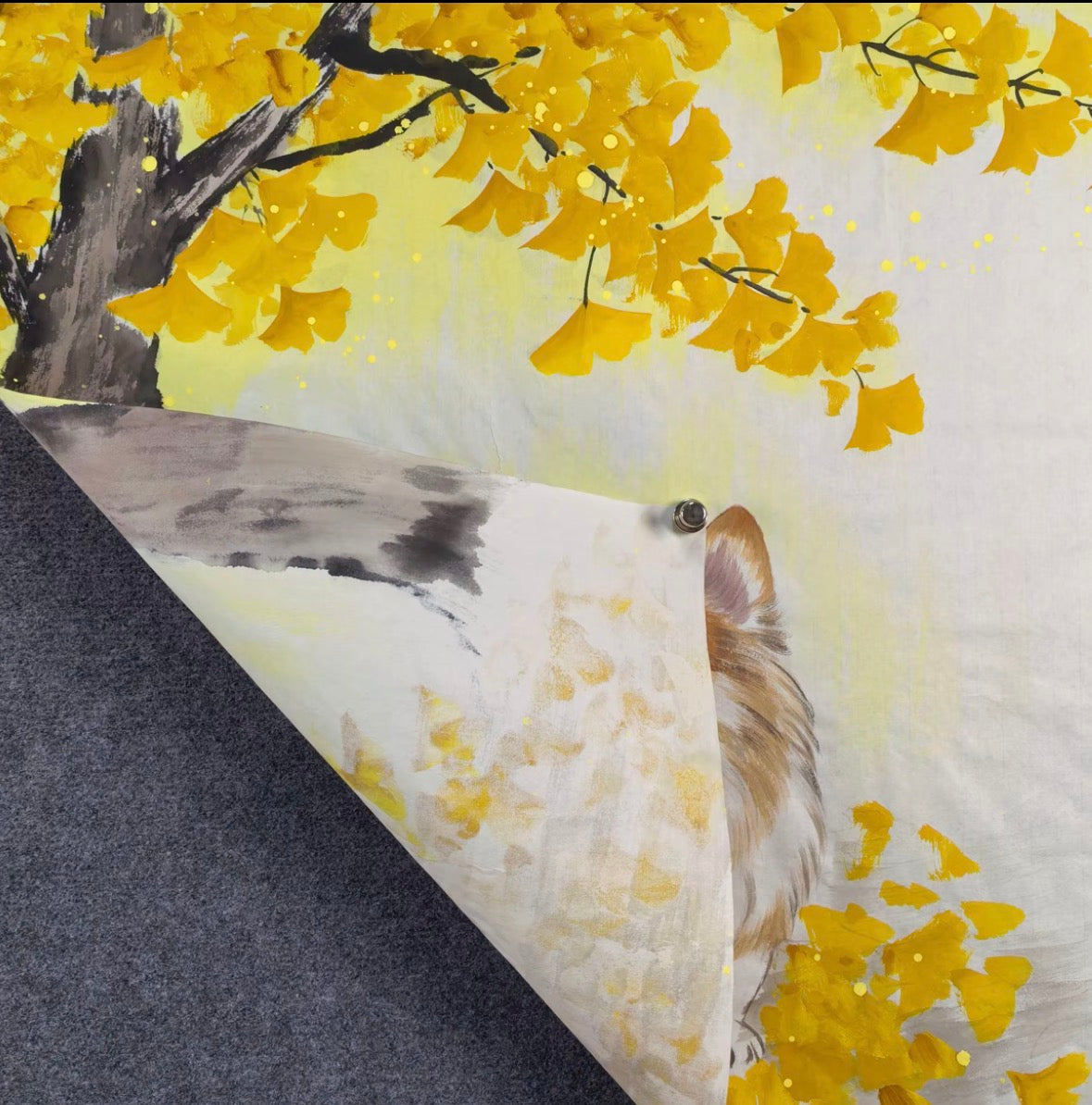 Hand-Painted Brush & Ink Artwork – Autumn Ginkgo Dog | 68 × 68 cm