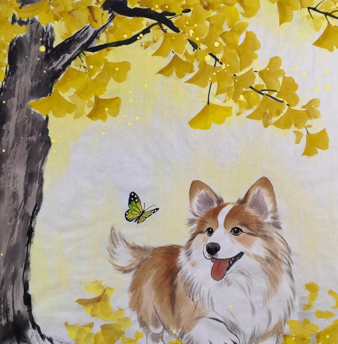Hand-Painted Brush & Ink Artwork – Autumn Ginkgo Dog | 68 × 68 cm