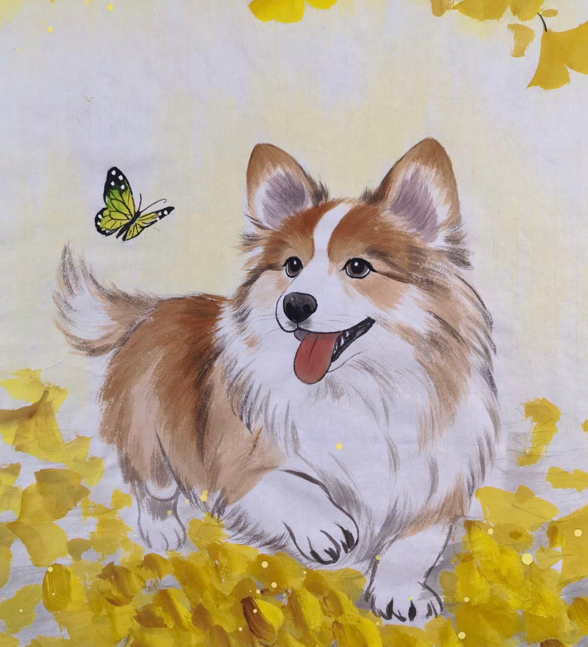 Hand-Painted Brush & Ink Artwork – Autumn Ginkgo Dog | 68 × 68 cm