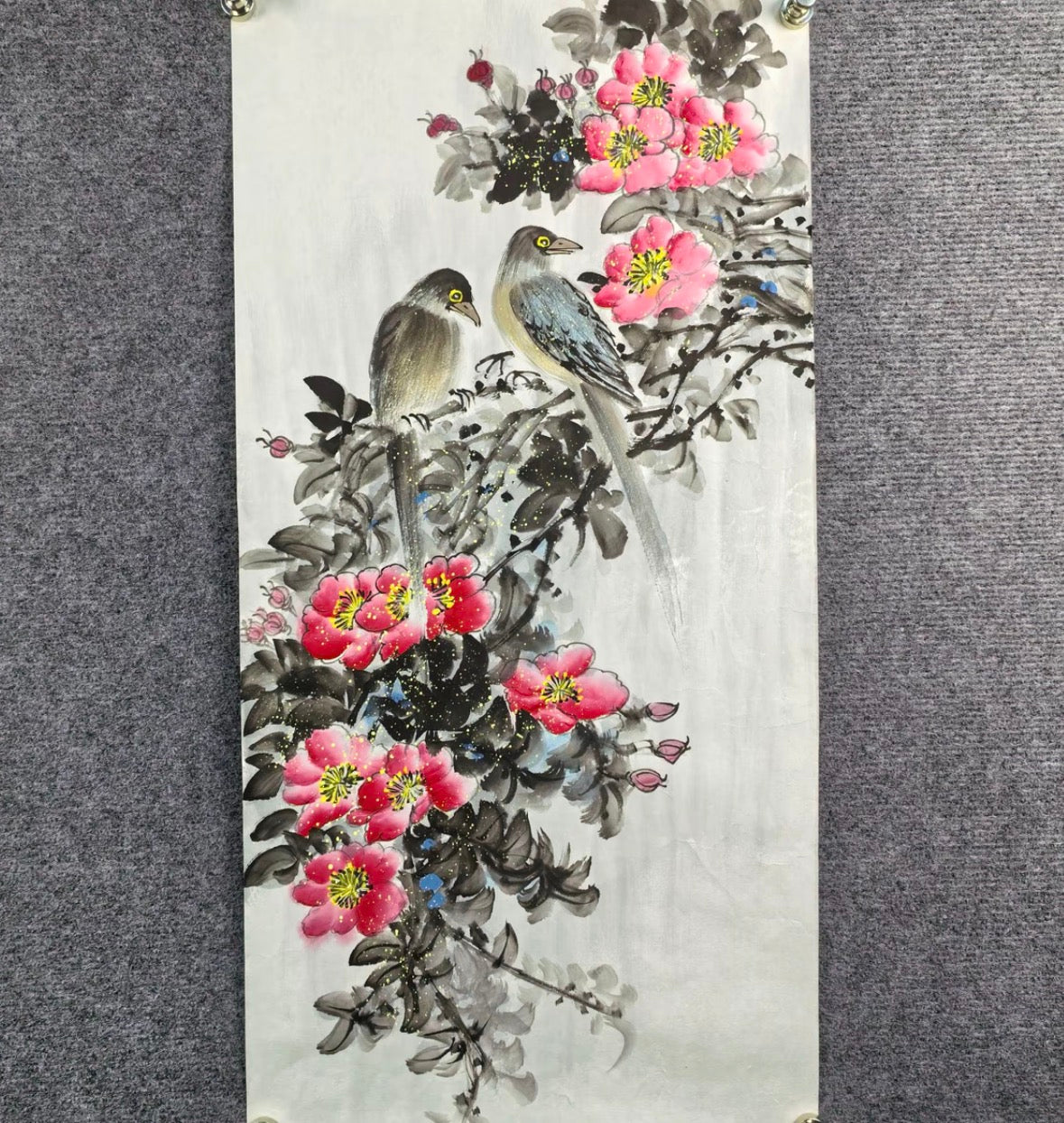 Two Birds Among Pink Blossoms — Hand-Painted Ink Painting