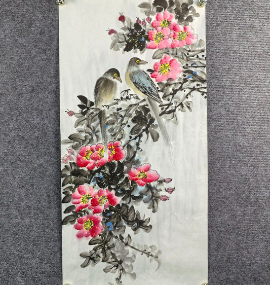 Two Birds Among Pink Blossoms — Hand-Painted Ink Painting