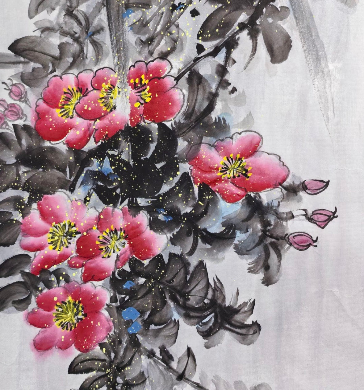 Two Birds Among Pink Blossoms — Hand-Painted Ink Painting