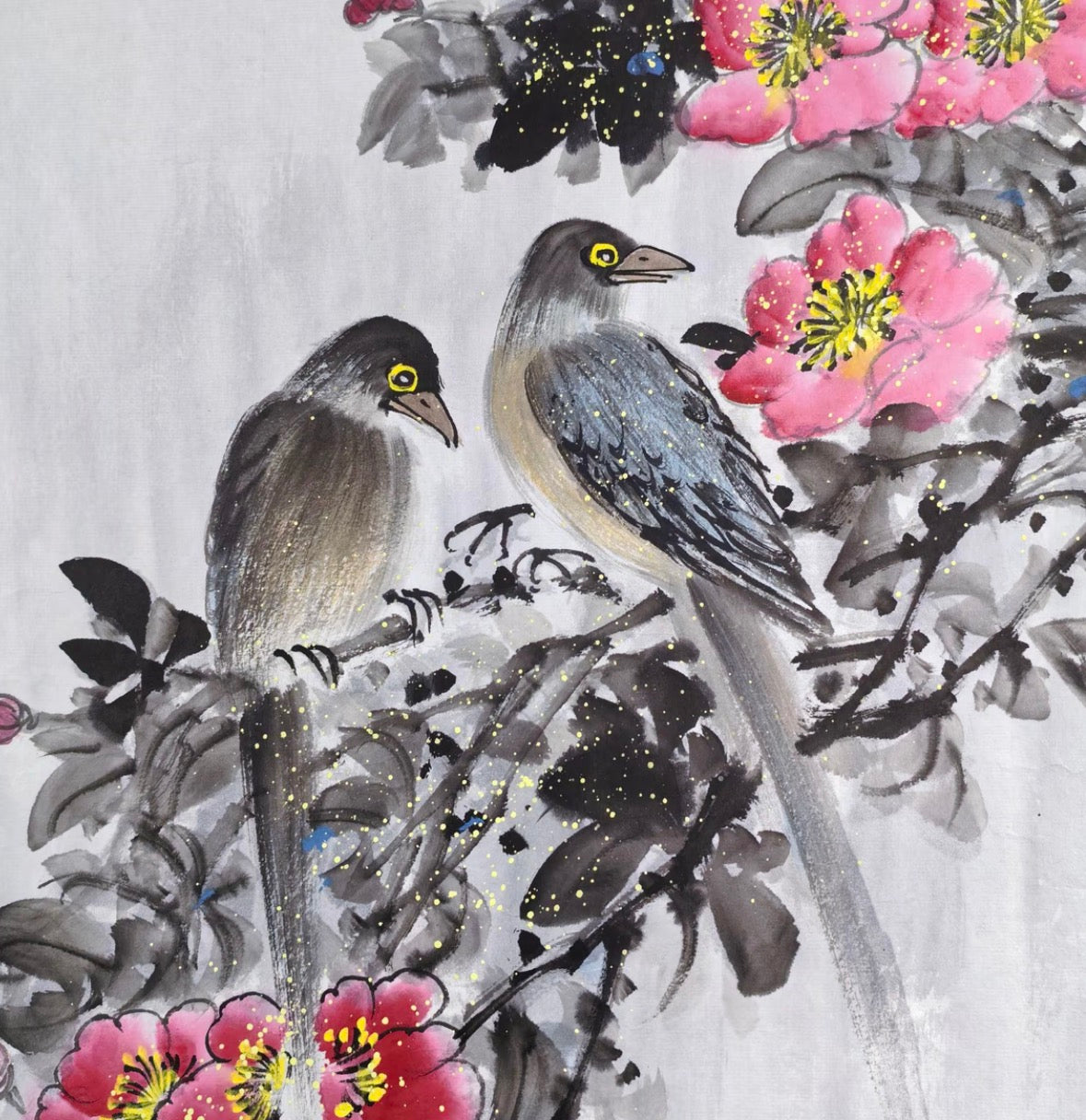 Two Birds Among Pink Blossoms — Hand-Painted Ink Painting