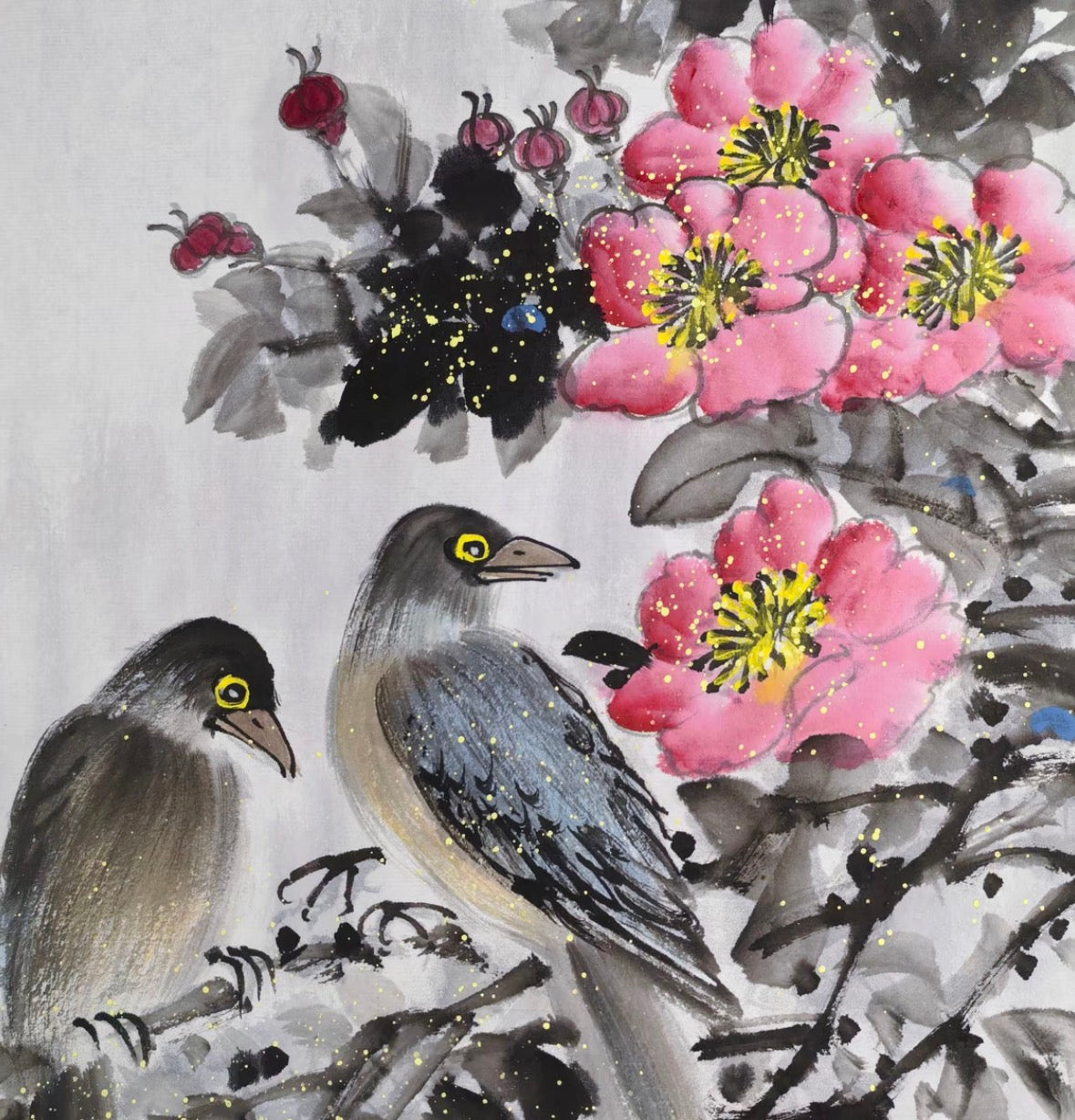 Two Birds Among Pink Blossoms — Hand-Painted Ink Painting