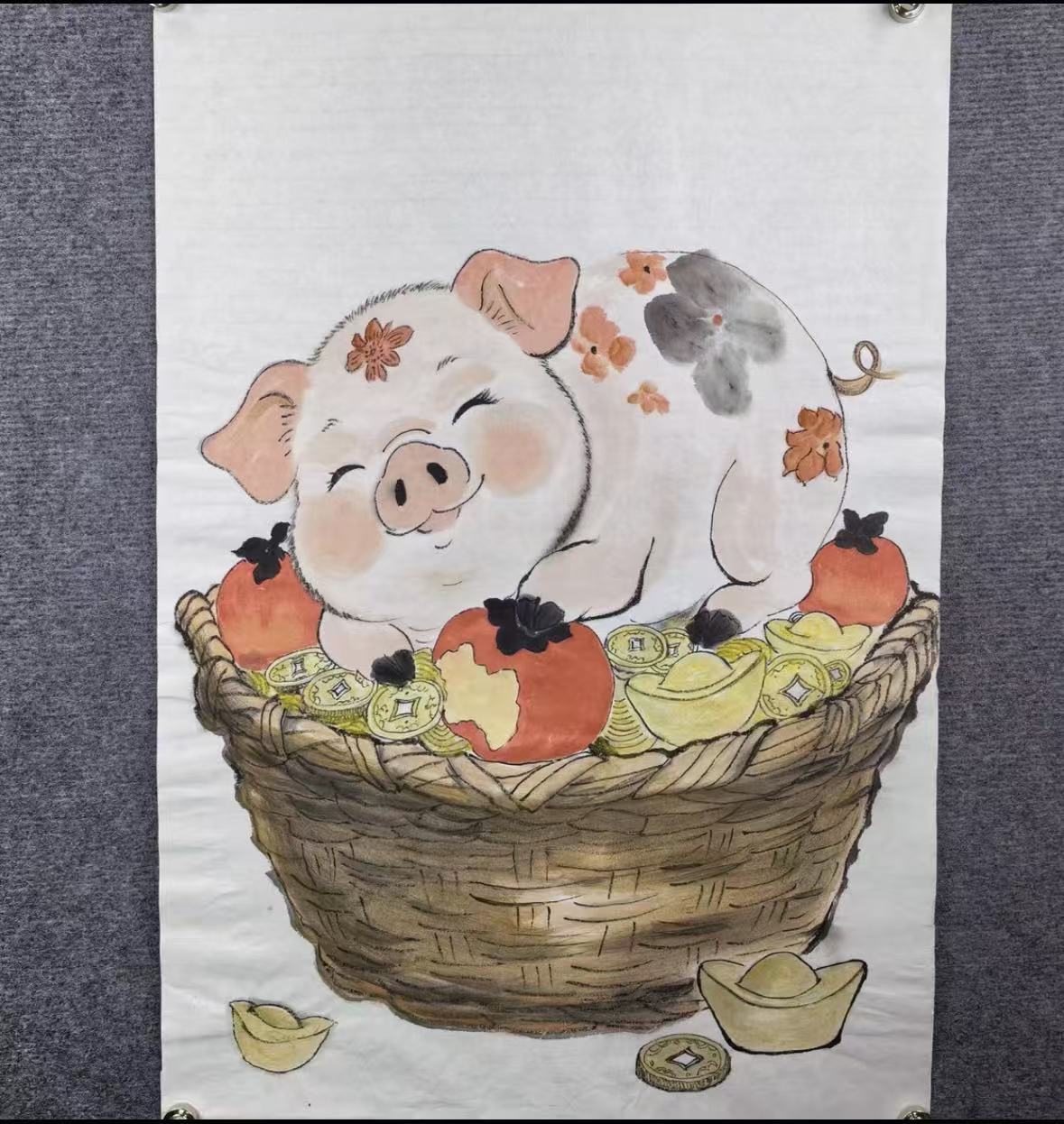 Hand-Painted Ink Pig Artwork on Xuan Paper – Prosperity Pig, 46 x 48 cm