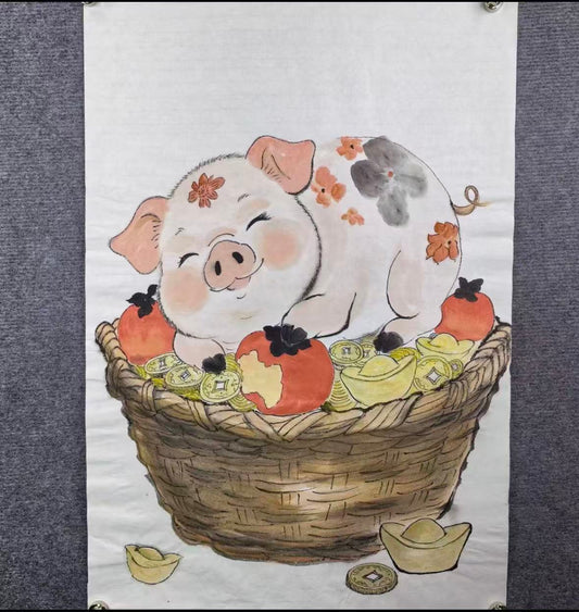 Hand-Painted Ink Pig Artwork on Xuan Paper – Prosperity Pig, 46 x 48 cm