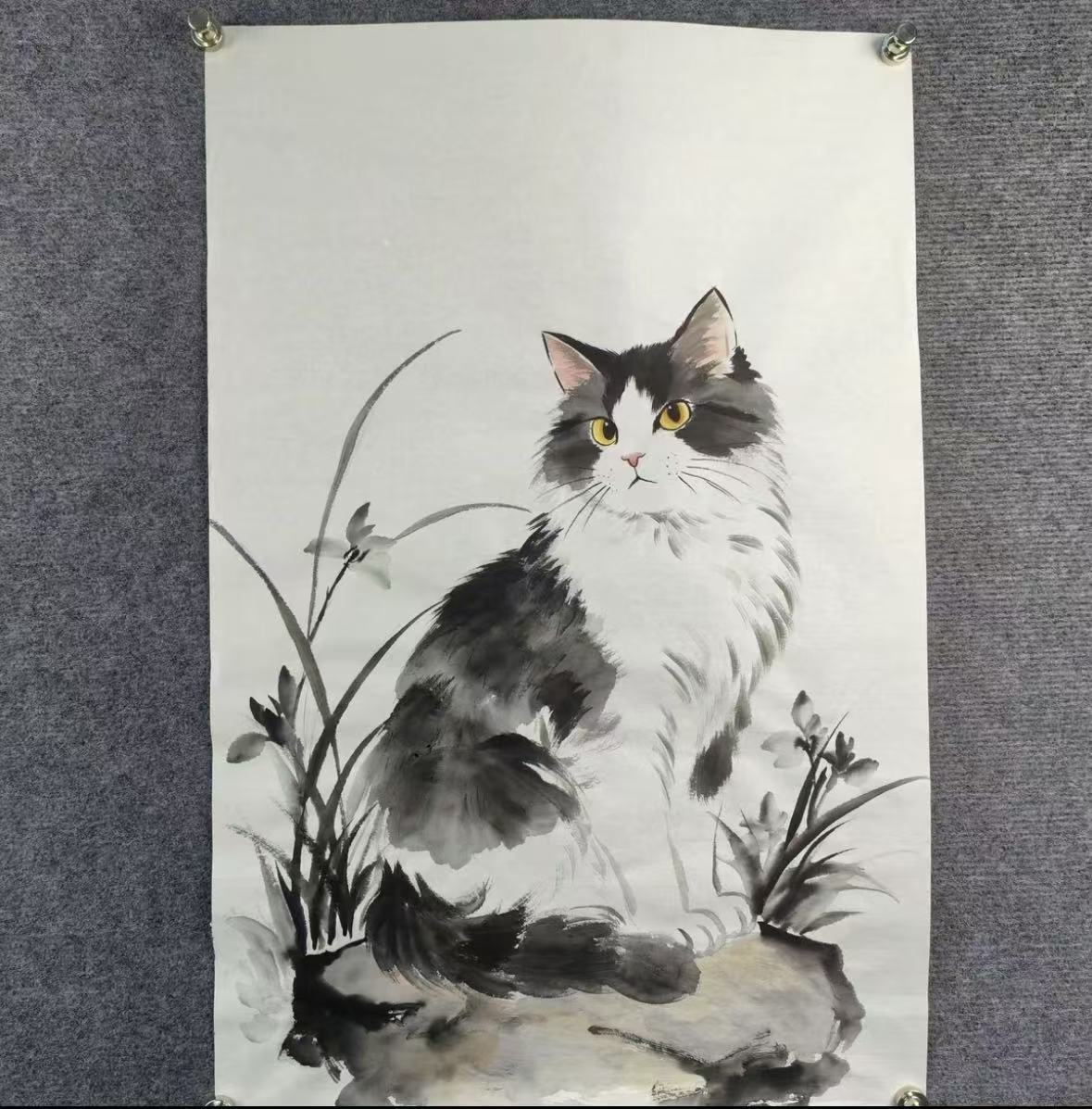 Golden-Eyed Cat Among Orchids — Hand-Painted Ink Painting