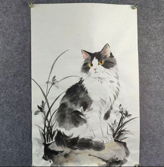 Golden-Eyed Cat Among Orchids — Hand-Painted Ink Painting
