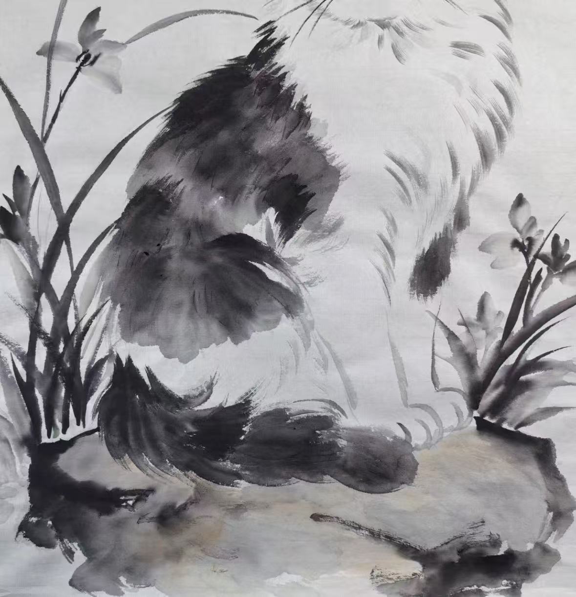 Golden-Eyed Cat Among Orchids — Hand-Painted Ink Painting