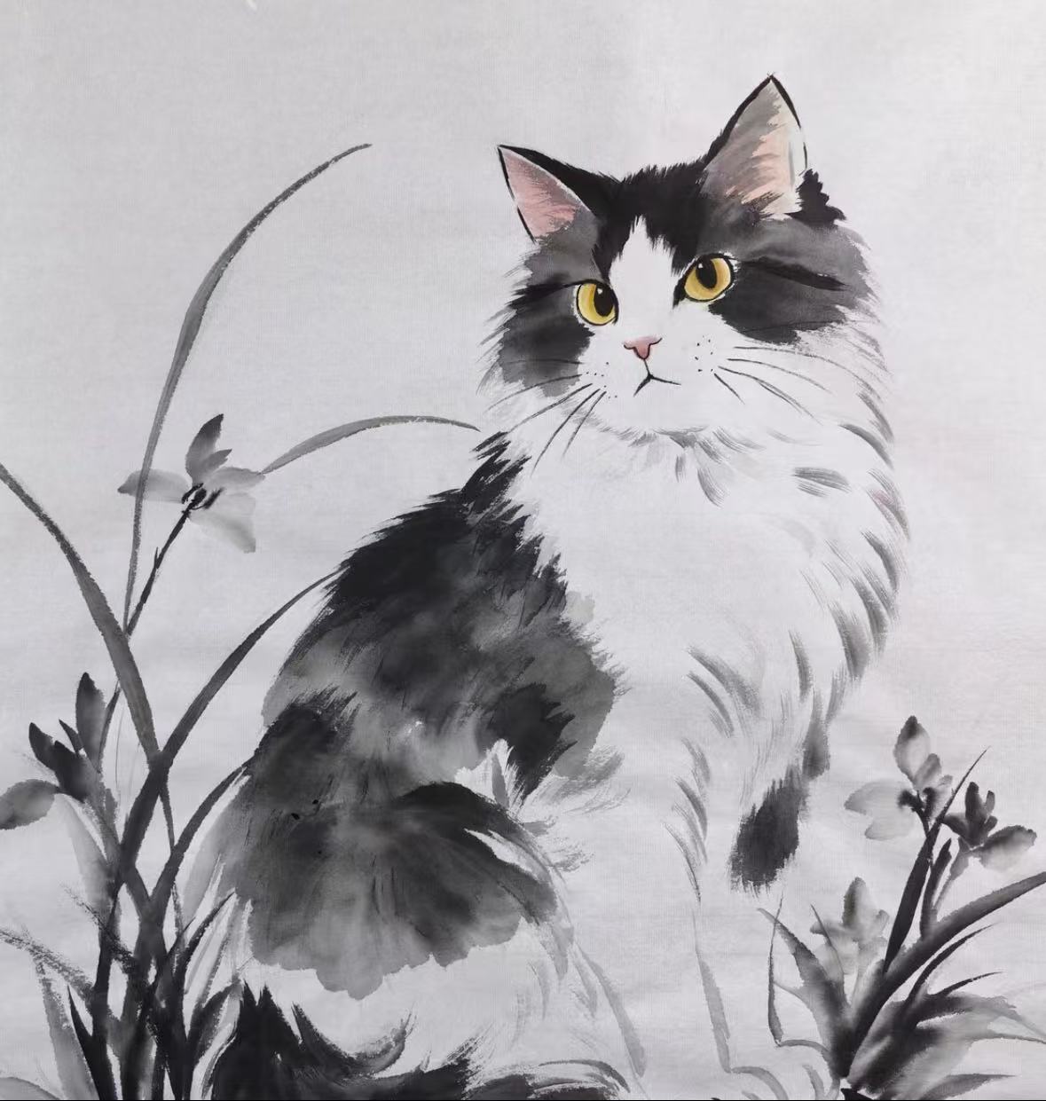 Golden-Eyed Cat Among Orchids — Hand-Painted Ink Painting