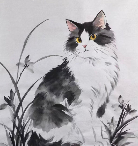 Golden-Eyed Cat Among Orchids — Hand-Painted Ink Painting