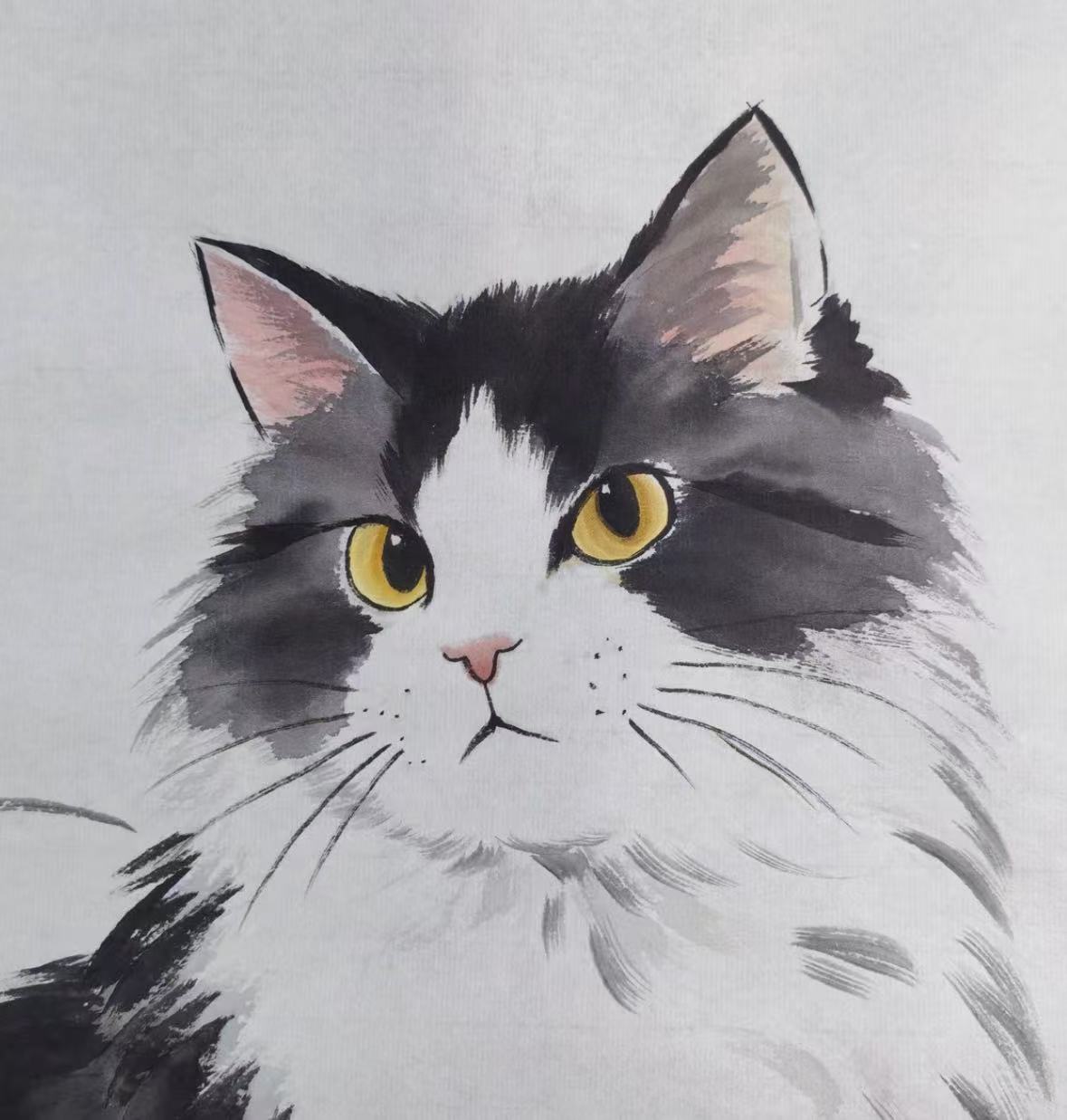 Golden-Eyed Cat Among Orchids — Hand-Painted Ink Painting