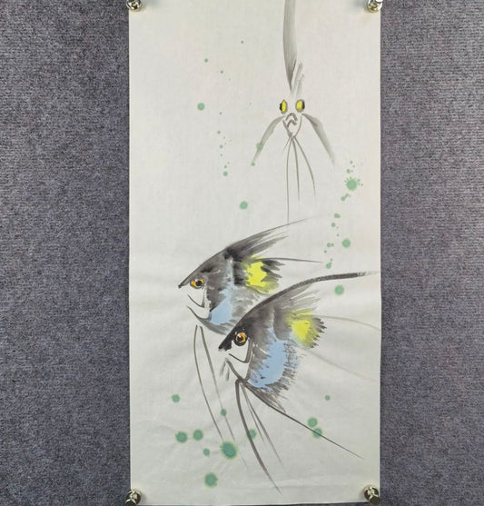 Three Angelfish — Hand-Painted Ink Painting