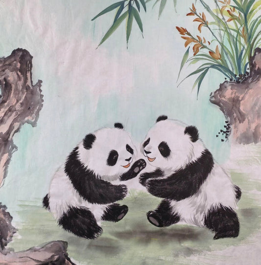 Two Pandas Among Orchids — Hand-Painted Ink Painting
