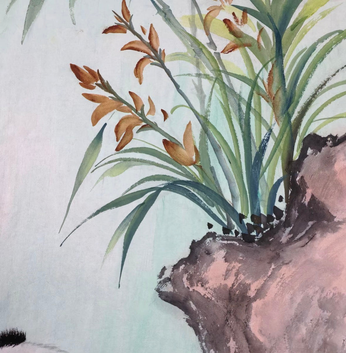 Two Pandas Among Orchids — Hand-Painted Ink Painting