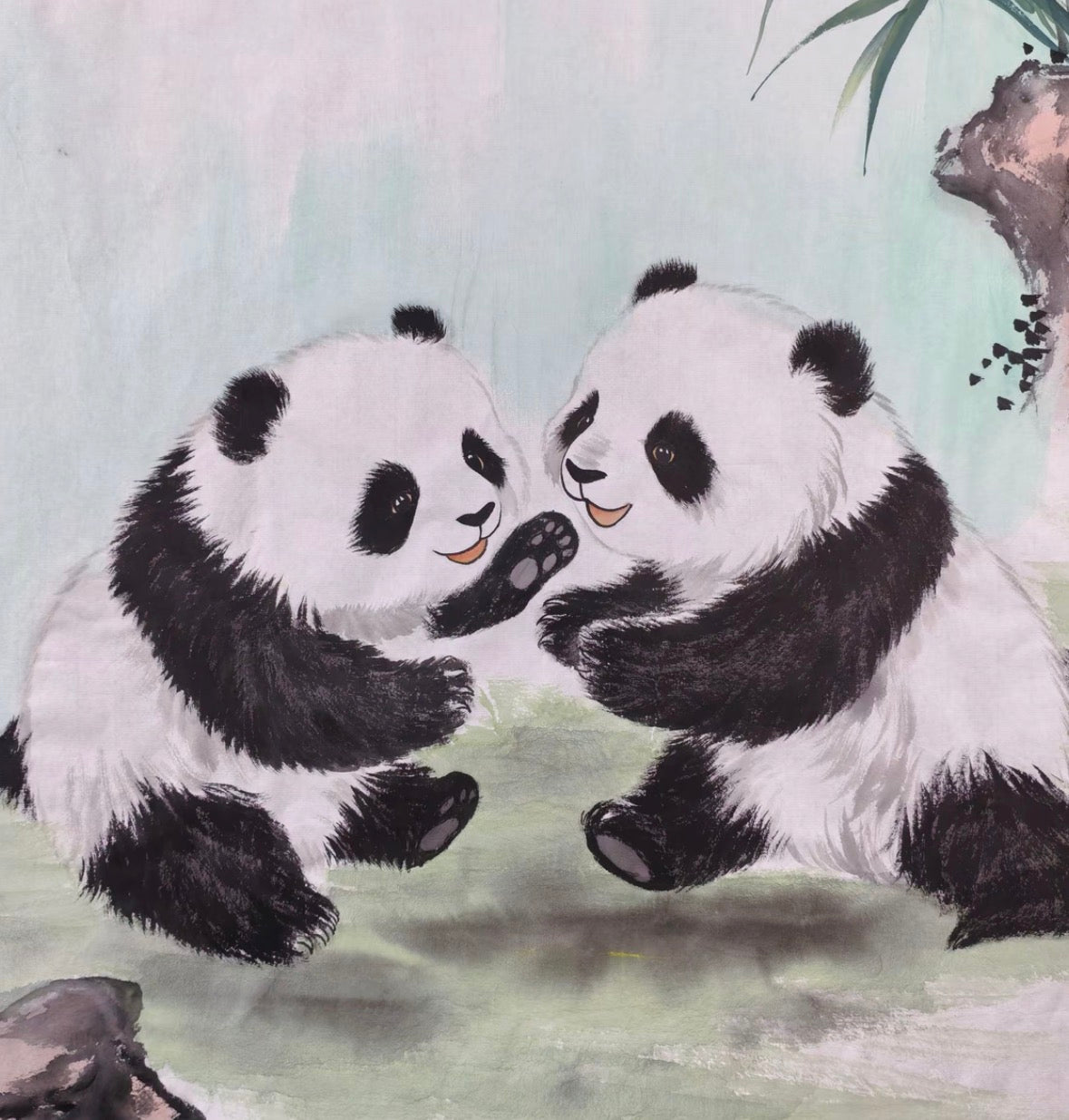 Two Pandas Among Orchids — Hand-Painted Ink Painting