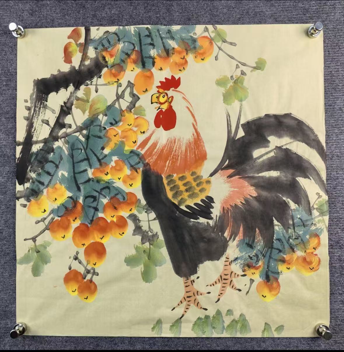 Rooster Among Persimmons — Hand-Painted Ink Painting