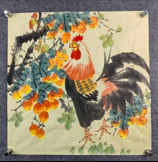 Rooster Among Persimmons — Hand-Painted Ink Painting