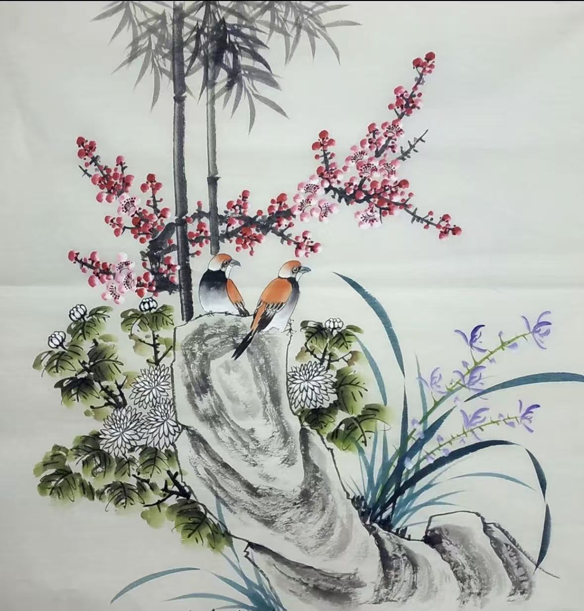 Two Birds Among Plum Blossoms & Orchids — Hand-Painted Ink Painting