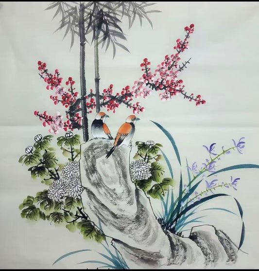 Two Birds Among Plum Blossoms & Orchids — Hand-Painted Ink Painting