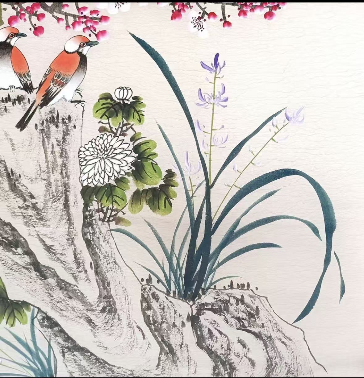 Two Birds Among Plum Blossoms & Orchids — Hand-Painted Ink Painting