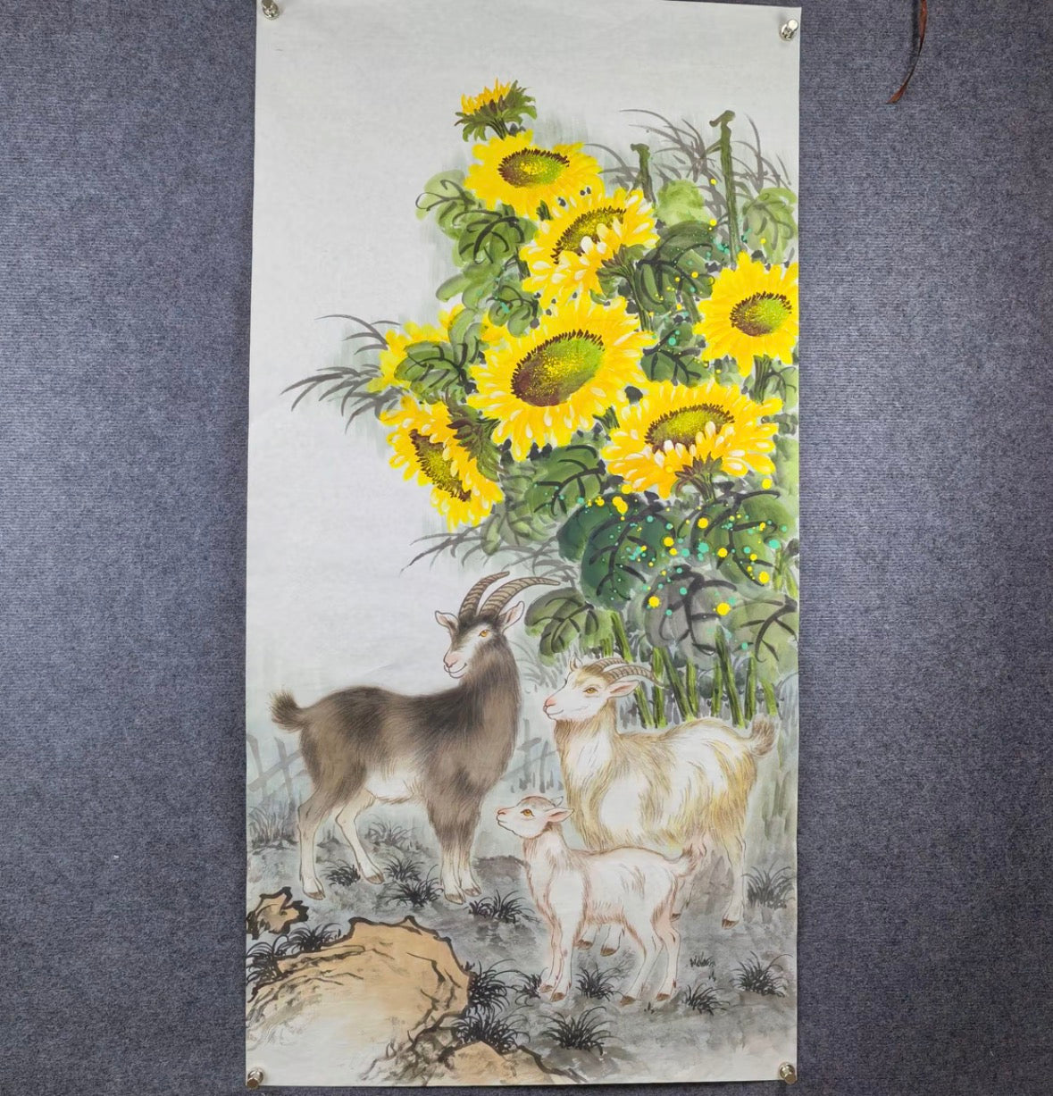 Three Goats Beneath Sunflowers — Hand-Painted Ink Painting