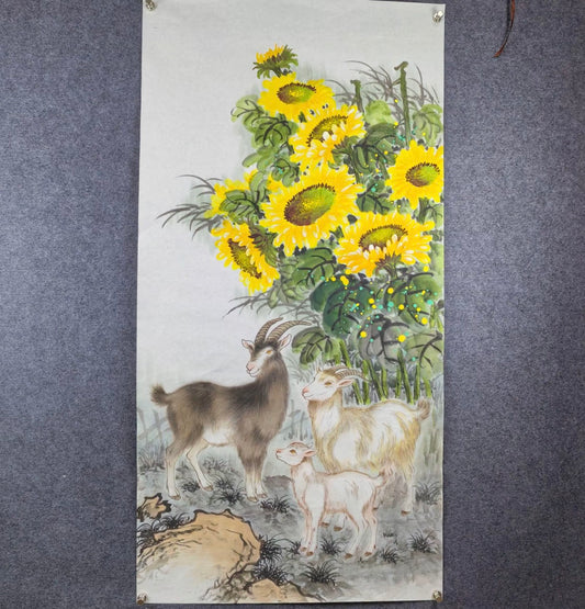 Three Goats Beneath Sunflowers — Hand-Painted Ink Painting