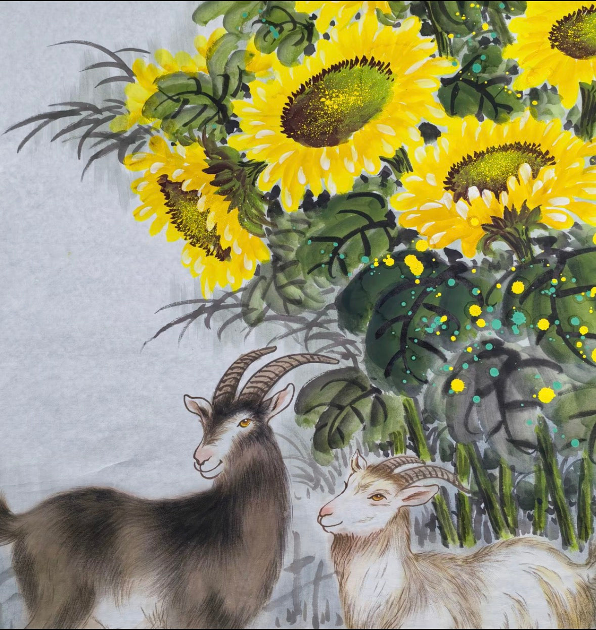 Three Goats Beneath Sunflowers — Hand-Painted Ink Painting