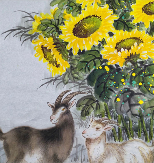 Three Goats Beneath Sunflowers — Hand-Painted Ink Painting