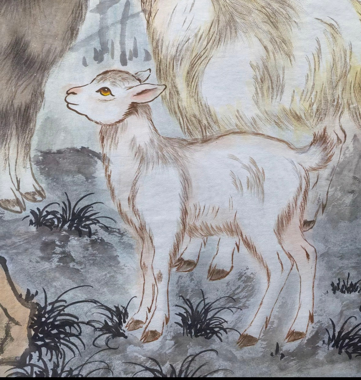 Three Goats Beneath Sunflowers — Hand-Painted Ink Painting
