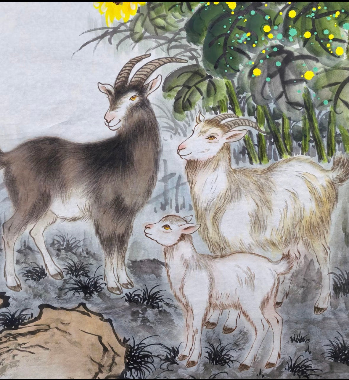 Three Goats Beneath Sunflowers — Hand-Painted Ink Painting