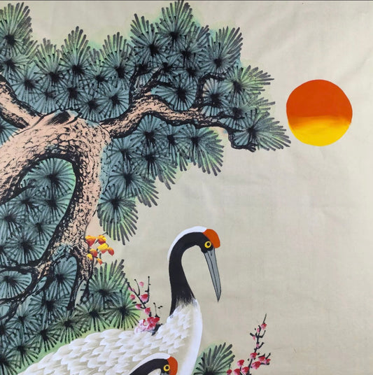 Two Cranes Welcoming Spring — Hand-Painted Ink Painting