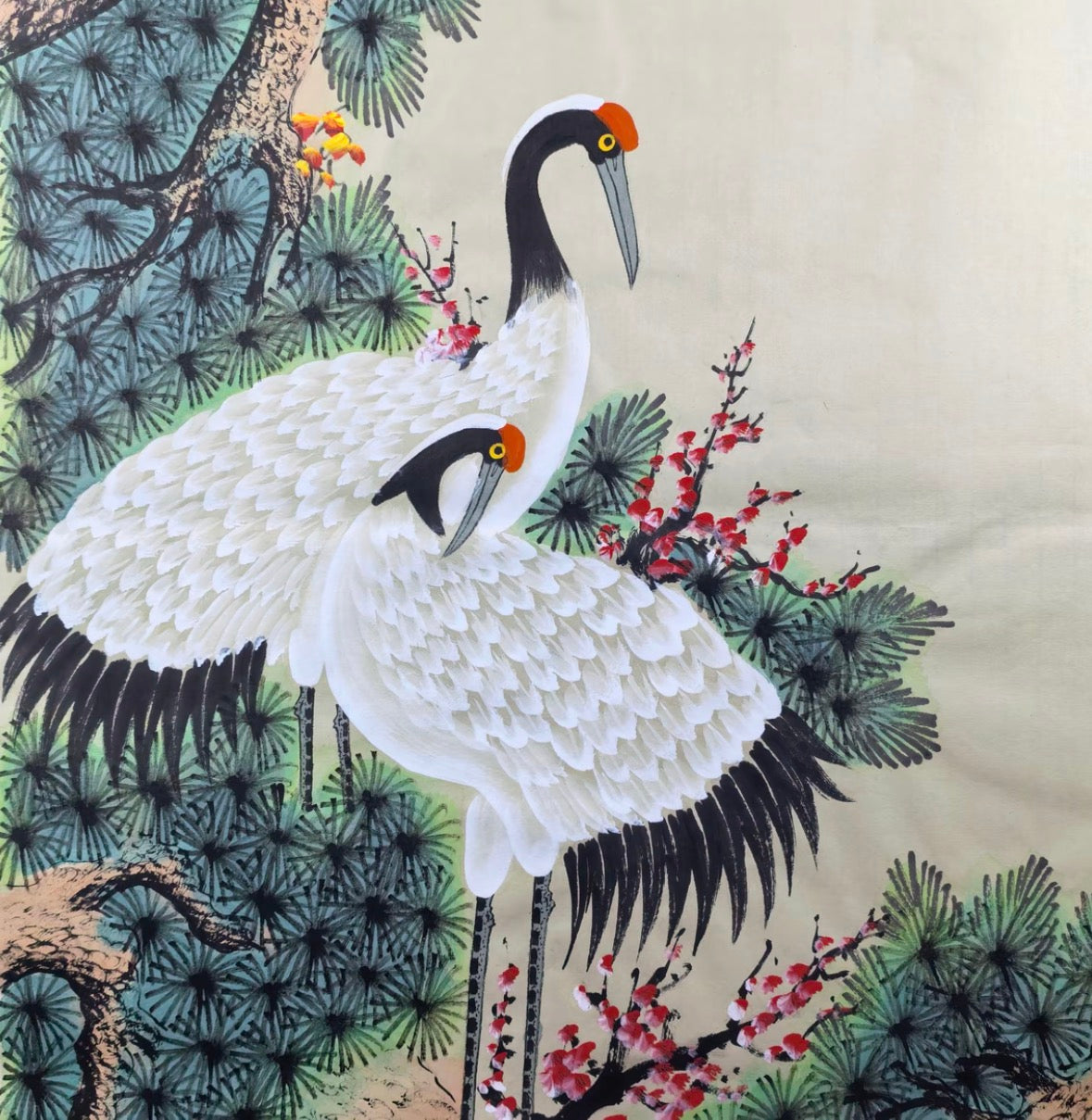 Two Cranes Welcoming Spring — Hand-Painted Ink Painting